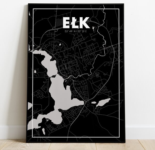 Plakat Ełk - Mapa - Czarny