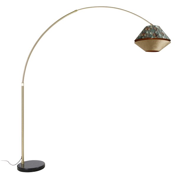 Mosiężna lampa łukowa z podwójnym aksamitnym abażurem z motywem liści i w kolorze beżowym - XXL