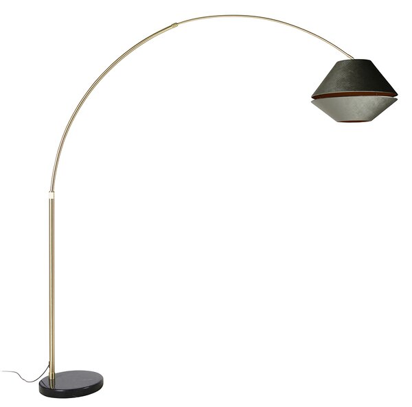 Mosiężna lampa łukowa z czarnym i podwójnym aksamitnym abażurem zielonym - XXL