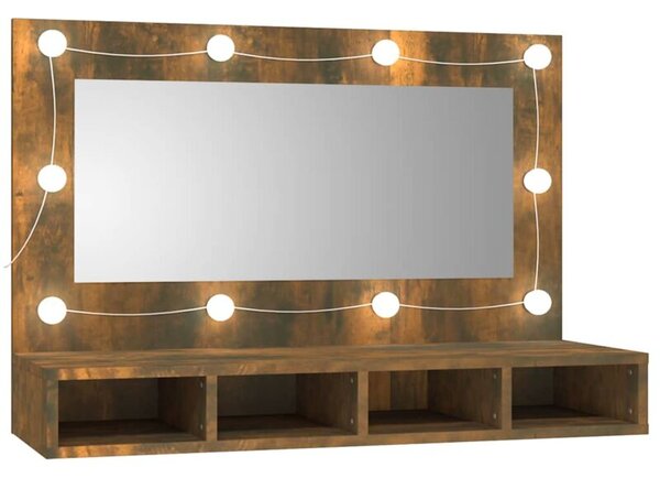 Szafka z lustrem i LED, przydymiony dąb, 90x31,5x62 cm
