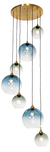 Art Deco Lampa wisząca mosiężna z niebieskim szkłem okrągła 7-punktowa - Sandra Oswietlenie wewnetrzne