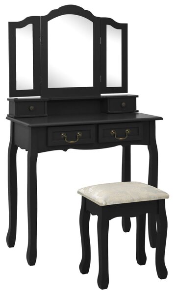 Toaletka ze stołkiem, czarna, 80x69x141 cm, drewno paulowni