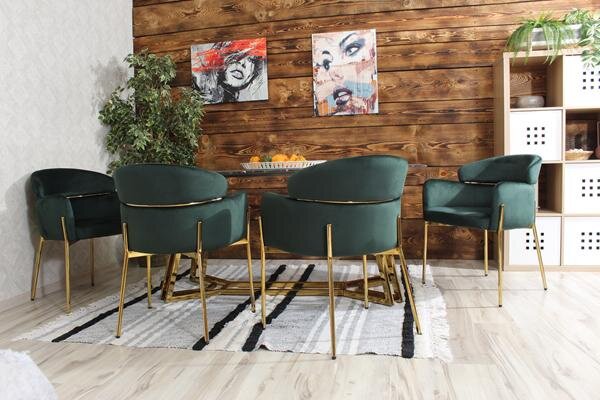 Krzesło z podłokietnikami glamour ze złotym łącznikiem LUNGO VELVET zielone na złotym stelażu