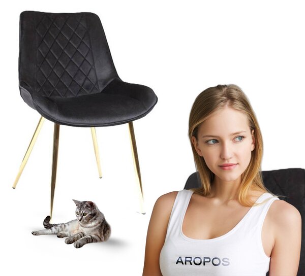 Krzesło do jadalni glamour welurowe czarne na złotych nogach CALIPSO