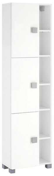 Biała szafka z wieloma półkami i drzwiami