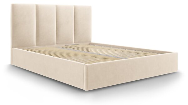Beżowe tapicerowane łóżko dwuosobowe ze schowkiem ze stelażem 160x200 cm Juniper – Mazzini Beds
