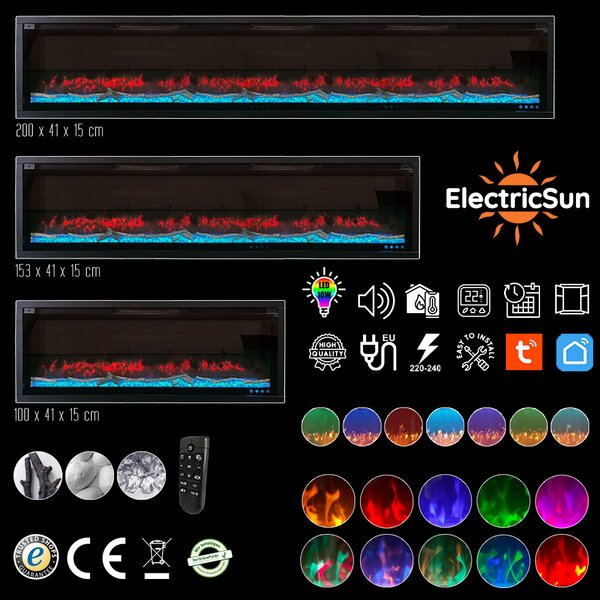 Kominek elektryczny ścienny 3D ElectricSun VERSALYS XS, naścienny, podłogowy lub wbudowane, z dźwiękiem, 10 kolory, z aplikacją, L100xH41x15cm