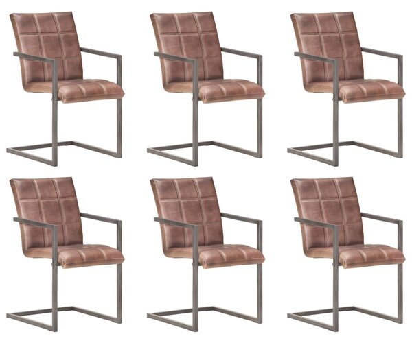 Krzesła stołowe, wspornikowe, 6 szt., brąz, skóra naturalna
