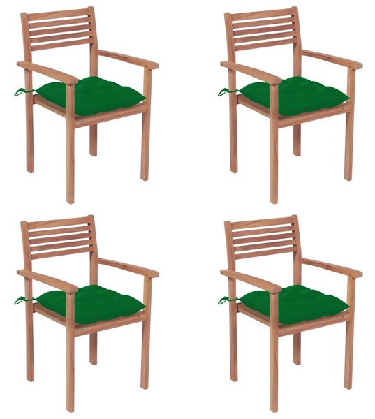 Krzesła ogrodowe, 4 szt., zielone poduszki, drewno tekowe