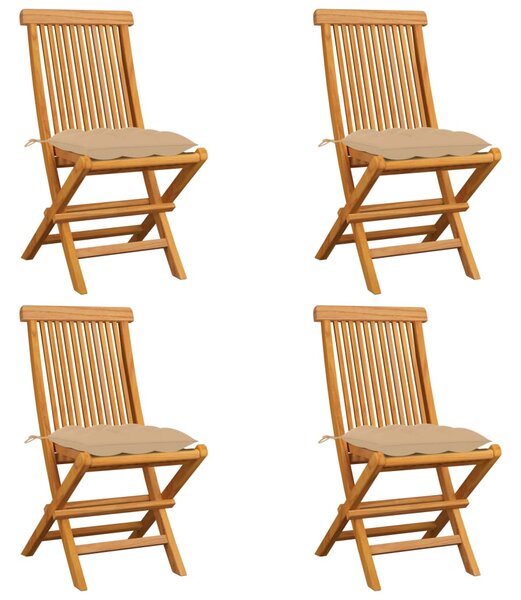 Krzesła ogrodowe, beżowe poduszki, 4 szt., lite drewno tekowe