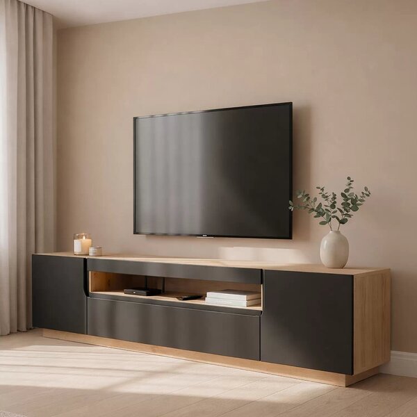 Szafka RTV Loftia 200 cm dwudrzwiowa z wnęką - artisan / czarny mat
