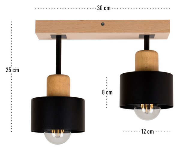 Czarna lampa sufitowa, dwupunktowy spot DSC30x7BU z drewna i metalu E2