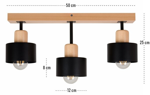 Czarna lampa sufitowa, trzypunktowy spot DSC50x7BU z drewna i metalu E