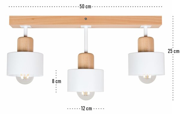 Biała lampa sufitowa, trzypunktowy spot DWE50x7BU z drewna i metalu E2