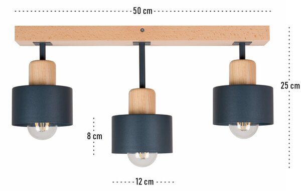 Antracytowa lampa sufitowa, trzypunktowy spot DAN50x7BU z drewna i met