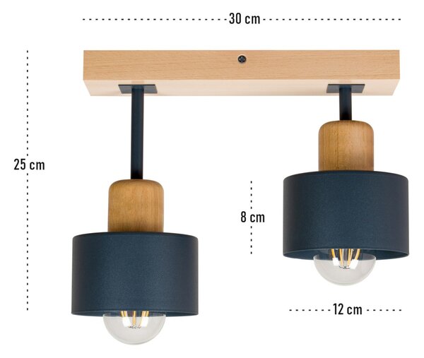 Antracytowa lampa sufitowa, dwupunktowy spot DAN30x7BU z drewna i meta