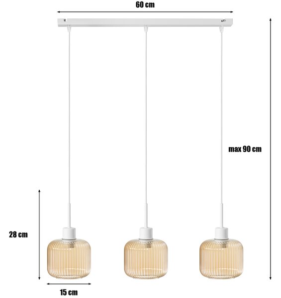 Lampa wisząca Maria biała z trzema bursztynowymi, ryflowanymi kloszami na listwie