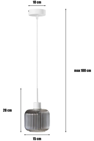 Lampa wisząca Maria biała z przydymiono-szarym, ryflowanym kloszem