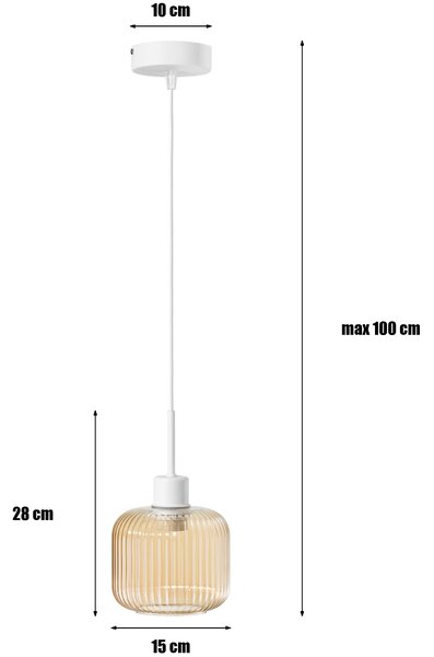 Lampa wisząca Maria biała z bursztynowym, ryflowanym kloszem