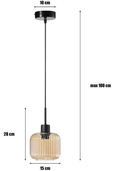 Lampa wisząca Maria czarna z bursztynowym, ryflowanym kloszem