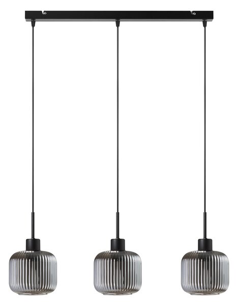 Lampa wisząca Maria czarna z trzema przydymiono-szarymi, ryflowanymi kloszami na listwie