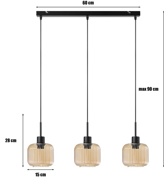 Lampa wisząca Maria czarna z trzema bursztynowymi, ryflowanymi kloszami na listwie