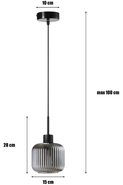 Lampa wisząca Maria czarna z przydymiono-szarym, ryflowanym kloszem