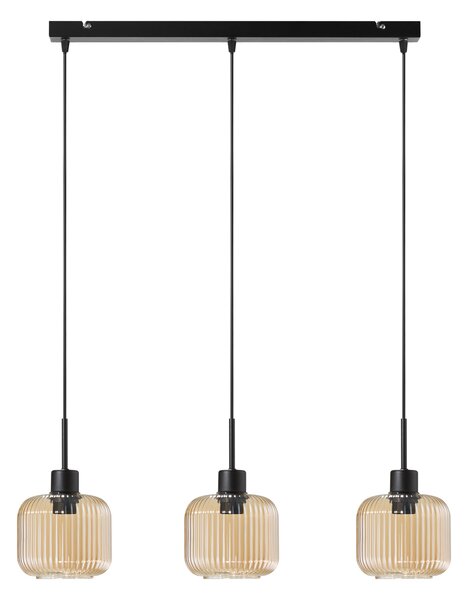 Lampa wisząca Maria czarna z trzema bursztynowymi, ryflowanymi kloszami na listwie