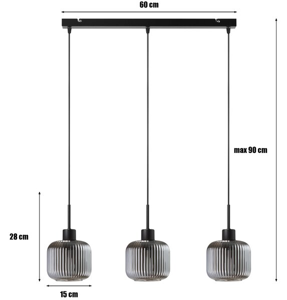 Lampa wisząca Maria czarna z trzema przydymiono-szarymi, ryflowanymi kloszami na listwie