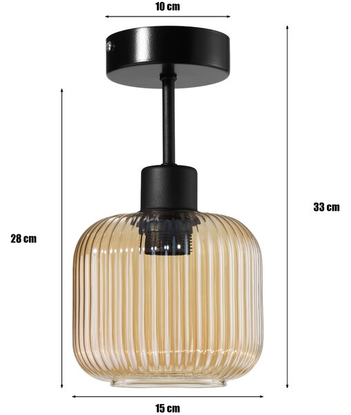 Lampa sufitowa Maria czarna z bursztynowym, ryflowanym kloszem