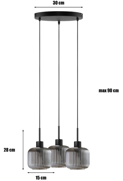 Lampa wisząca Maria czarna z trzema przydymiono-szarymi, ryflowanymi kloszami na okrągłej podsufitce