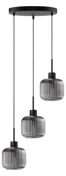 Lampa wisząca Maria czarna z trzema przydymiono-szarymi, ryflowanymi kloszami na okrągłej podsufitce