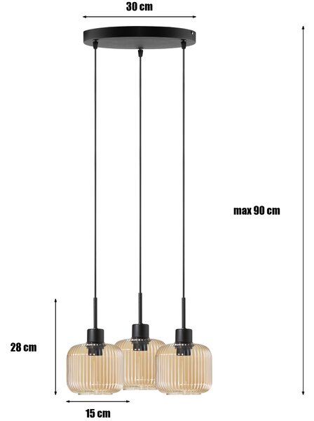 Lampa wisząca Maria czarna z trzema bursztynowymi, ryflowanymi kloszami na okrągłej podsufitce