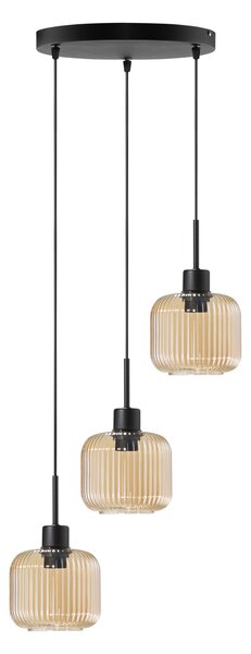 Lampa wisząca Maria czarna z trzema bursztynowymi, ryflowanymi kloszami na okrągłej podsufitce