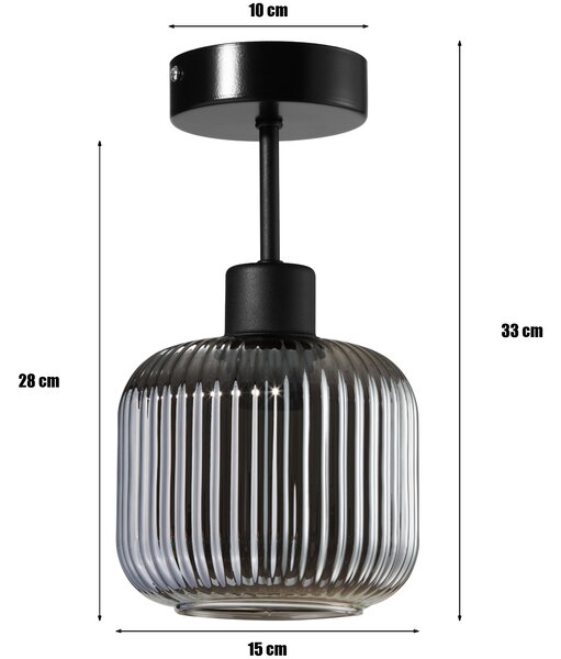 Lampa sufitowa Maria czarna z przydymiono-szarym, ryflowanym kloszem