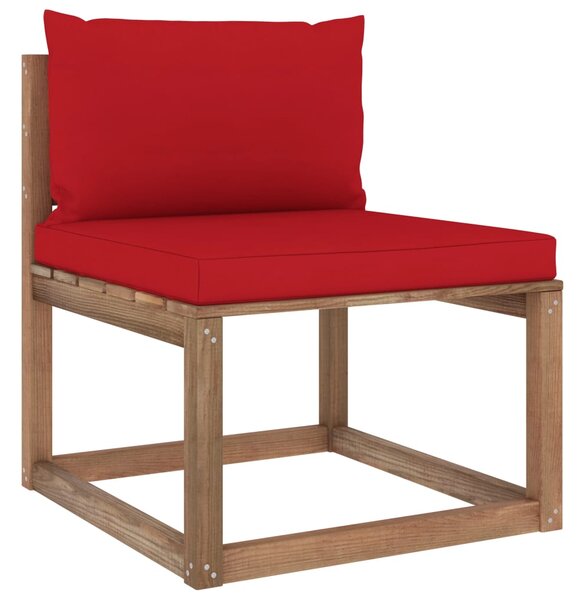 Ogrodowa sofa środkowa z palet, z czerwonymi poduszkami