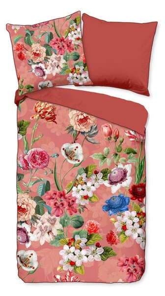 Pomarańczowa pościel dwuosobowa z bawełny organicznej Descanso Flowery, 200x220 cm