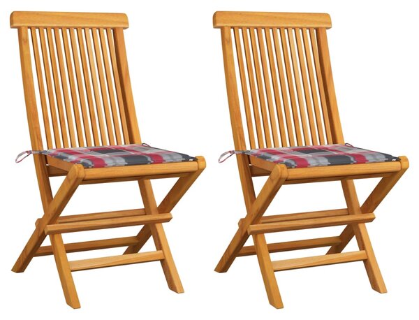 Krzesła ogrodowe z poduszkami w czerwoną kratę, 2 szt., tekowe