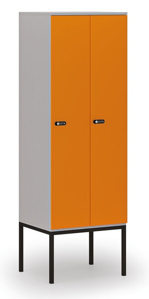 Drewniana szafa ubraniowa S4 z podstawą, 2-drzwiowa, 1871 x 600 x 500 mm, demontaż, zamek mechaniczny z kodem, szary/pomarańczowy
