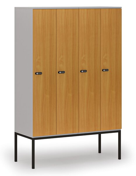 Drewniana szafa ubraniowa S4 z podstawą, 4-drzwiowa, 1871 x 1200 x 500 mm, demontaż, zamek mechaniczny z kodem, szary/buk