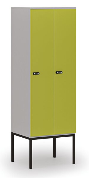 Drewniana szafa ubraniowa S4 z podstawą, 2-drzwiowa, 1871 x 600 x 500 mm, demontaż, zamek mechaniczny z kodem, szary/zielony