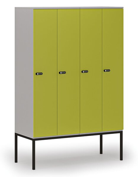 Drewniana szafa ubraniowa S4 z podstawą, 4-drzwiowa, 1871 x 1200 x 500 mm, demontaż, zamek mechaniczny z kodem, szary/zielony
