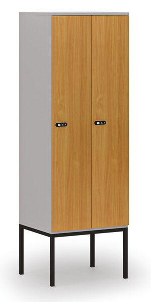 Drewniana szafa ubraniowa S4 z podstawą, 2-drzwiowa, 1871 x 600 x 500 mm, demontaż, zamek mechaniczny z kodem, szary/buk