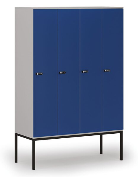 Drewniana szafa ubraniowa S4 z podstawą, 4-drzwiowa, 1871 x 1200 x 500 mm, demontaż, zamek mechaniczny z kodem, szary/niebieski