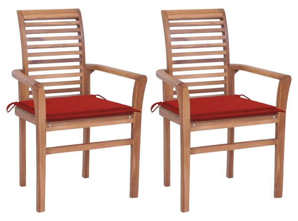 Krzesła stołowe, 2 szt., czerwone poduszki, drewno tekowe