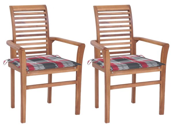 Krzesła stołowe, 2 szt., poduszki w czerwoną kratę, tekowe