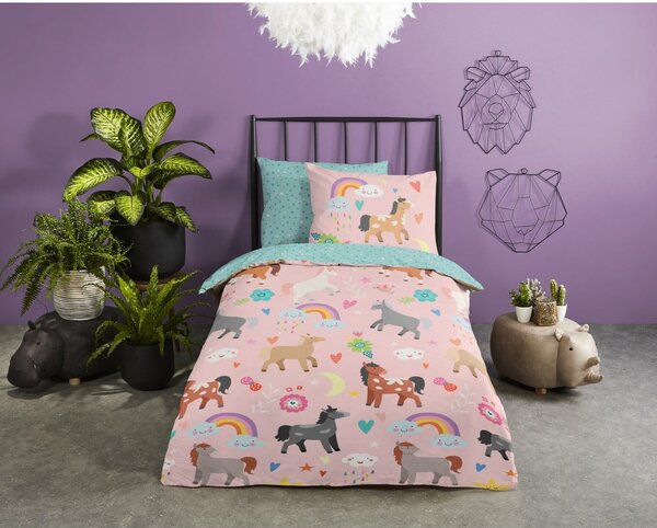 Różowo-turkusowa bawełniana pościel dziecięca jednoosobowa 140x220 cm Horses – Good Morning