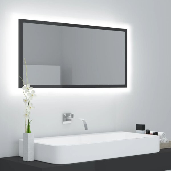 Lustro łazienkowe LED, wysoki połysk, szare, 90x8,5x37cm, akryl