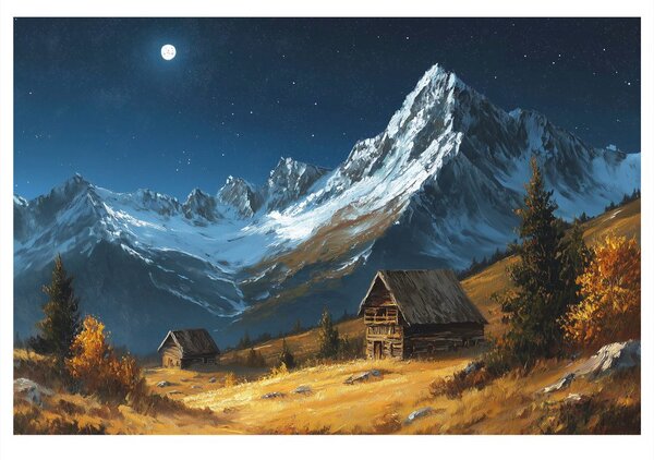 Obraz zimowa górska chata nocą