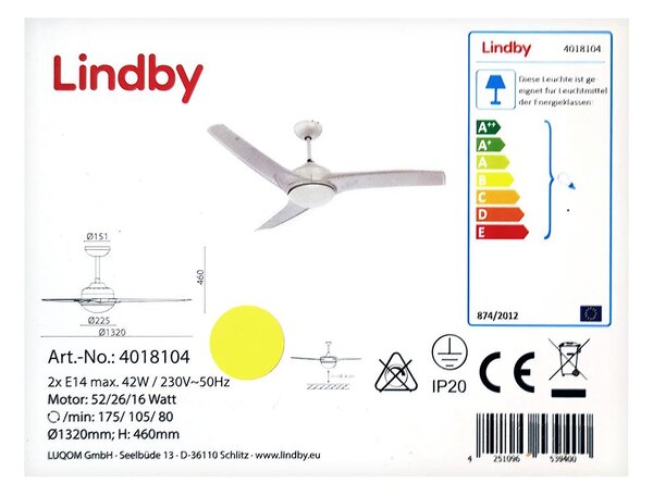 Lindby Lindby - Wentylator sufitowy EMANUEL 2xE14/42W/230V + pilot LW0053